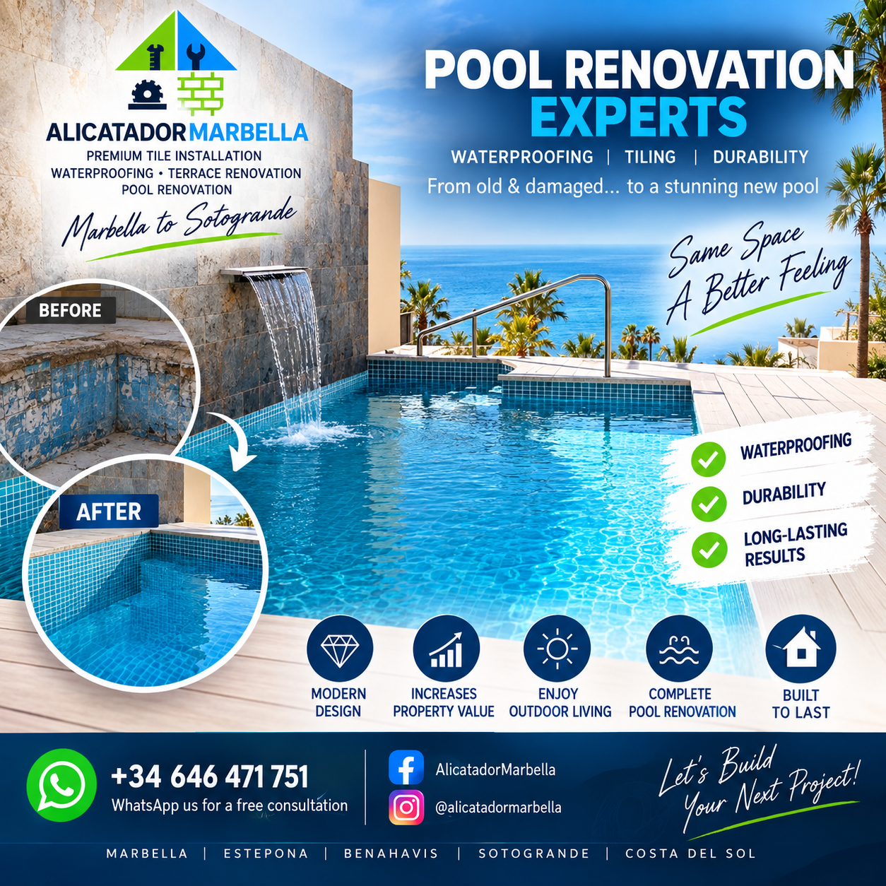 Pool renovation, waterproofing and tile installation by Alicatador Marbella